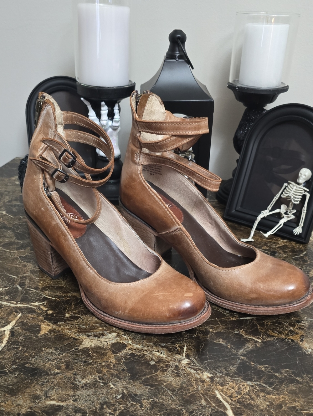 FREEBIRD Randy Women’s Brown Leather Ankle-Strap Block Heel Pumps